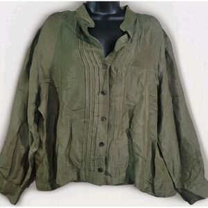 Chicos Silk Linen Button Up Sheer Blouse 3/XL Pleats Olive Green Mandarin Collar